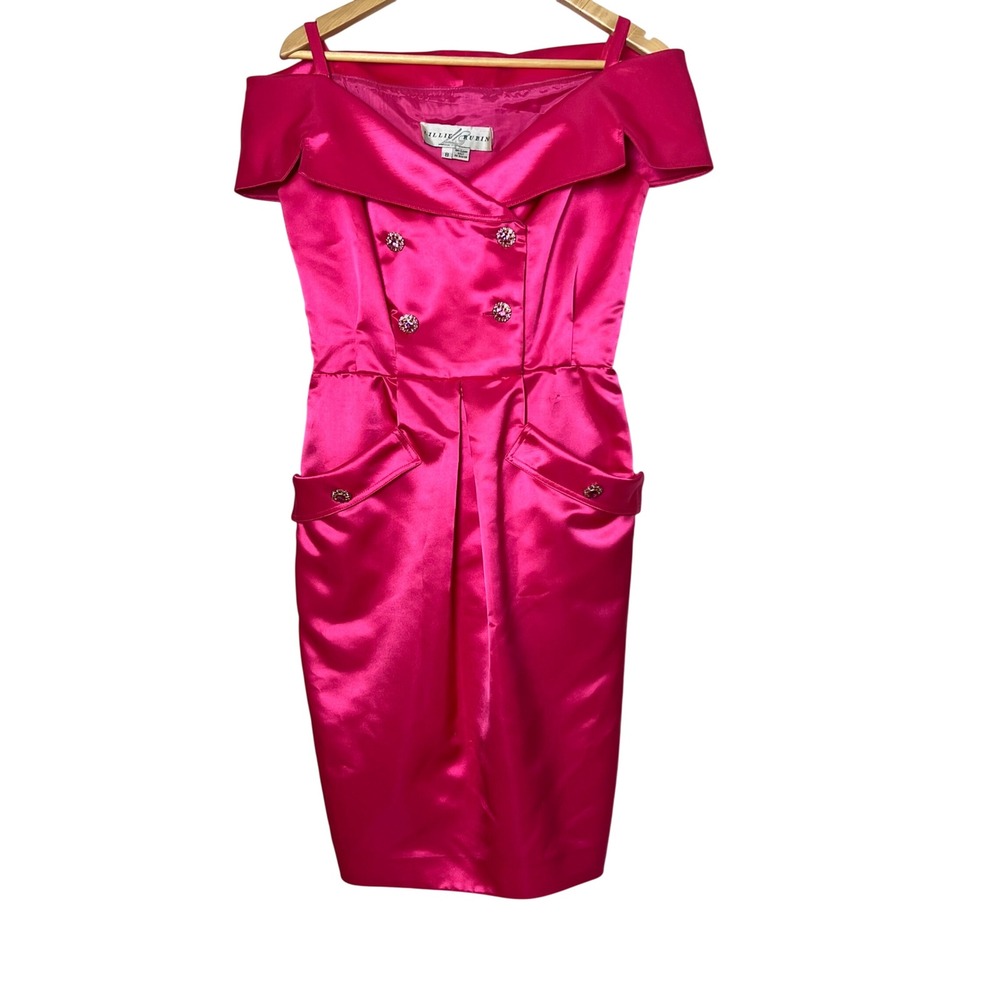 Lillie Rubin Vintage Hot Pink Satin Off Shoulder Rhinestone Button Dress 8